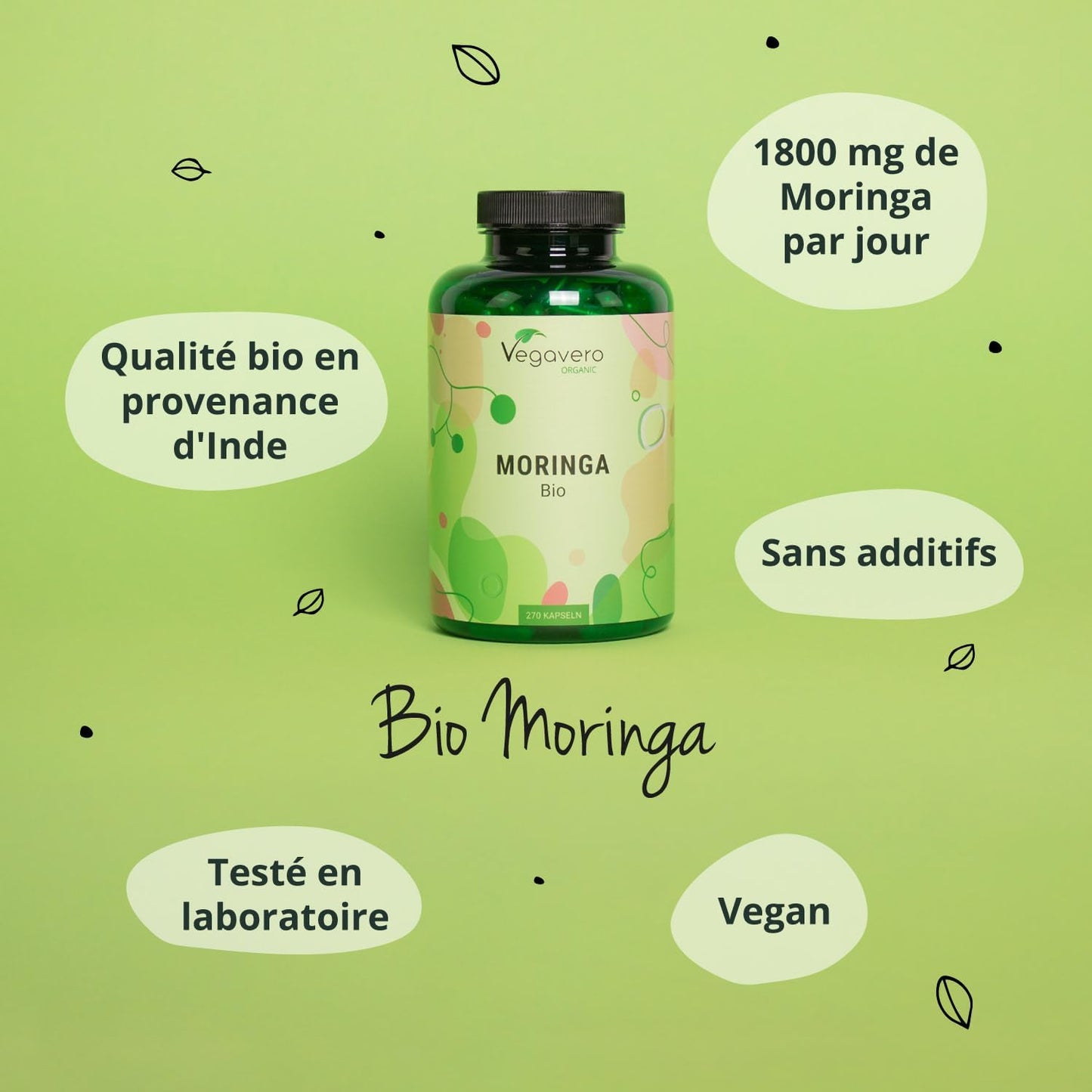 Moringa BIO 1800 Mg | 270 Gélules Vegan | SUPERFOOD : Multivitamines Et Minéraux Naturels | Antioxydant + Energie | SANS ADDITIFS | ®