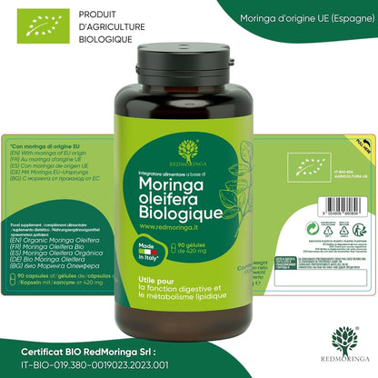 90 Gélules De Moringa Bio | La Seule Moringa Biologique Espagnole Produite En Italie | Véganes Sans Additifs | Super Antioxydant Riche En Vitamines Et Protéines Végétales | Haute Qualité