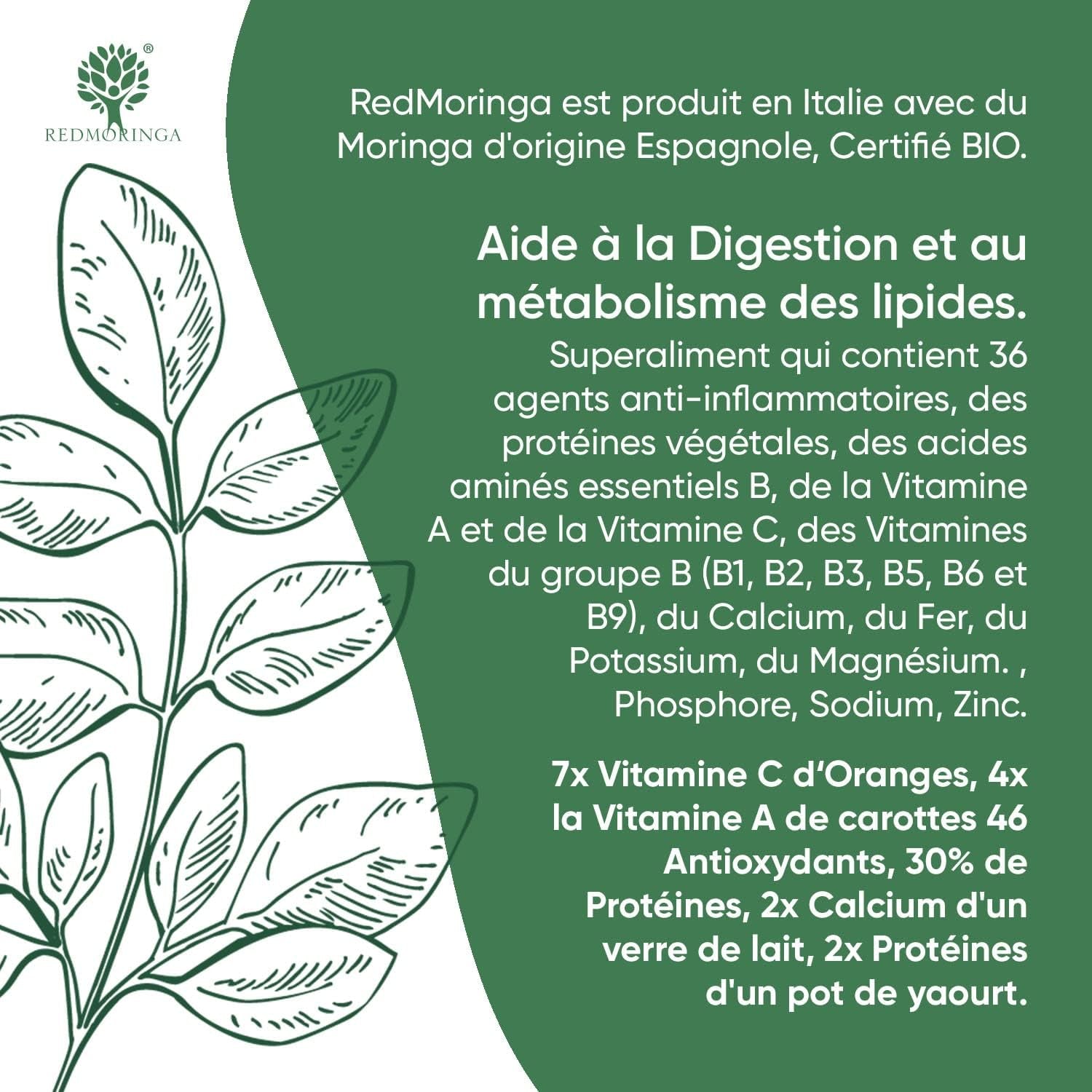 90 Gélules De Moringa Bio | La Seule Moringa Biologique Espagnole Produite En Italie | Véganes Sans Additifs | Super Antioxydant Riche En Vitamines Et Protéines Végétales | Haute Qualité