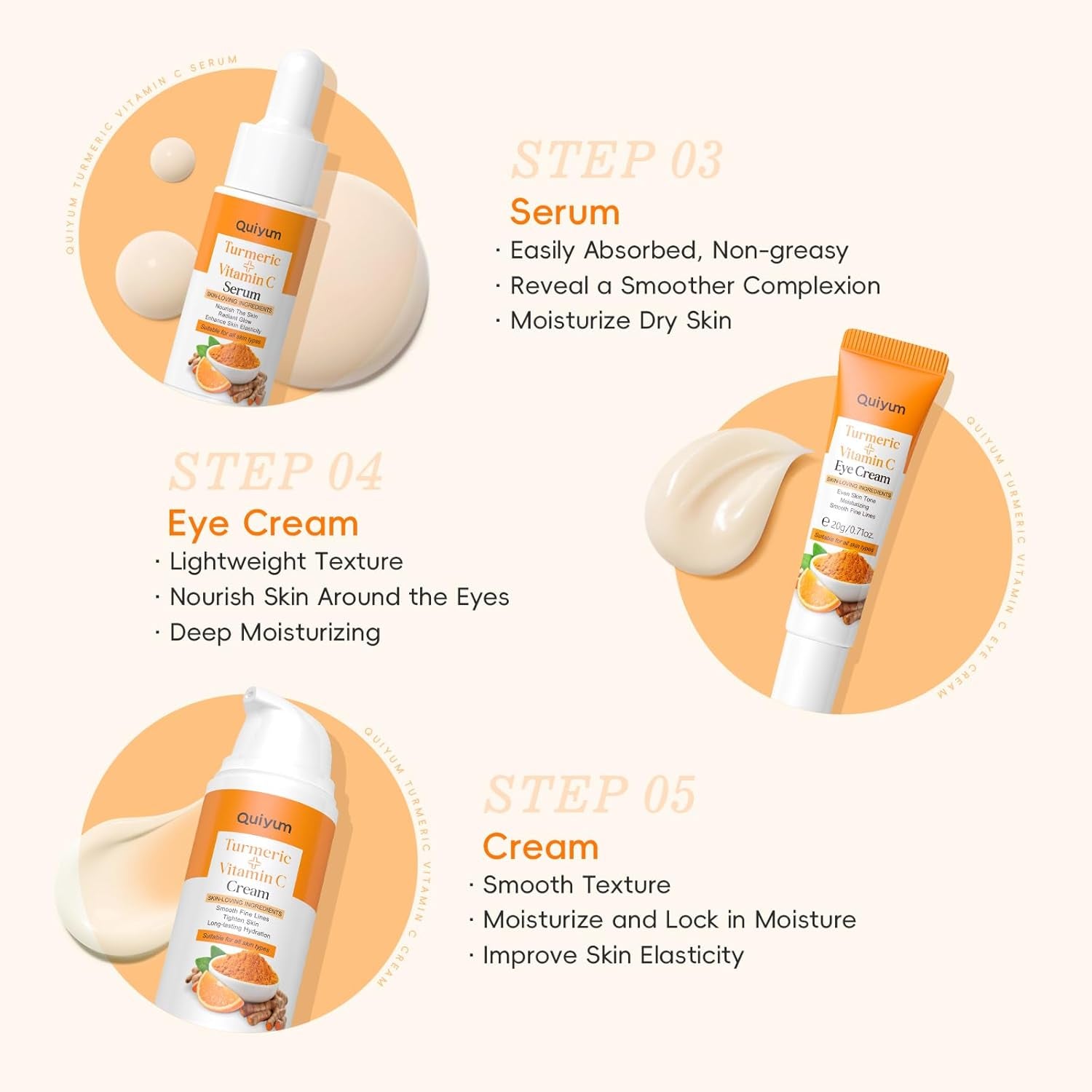 QUIYUM Set De Cuidado De La Piel Con Curcuma Vitamina C, 5 Piezas Kit Skincare Facial Mujer Completo, Con Leche Limpiadora Facial Tónico Crema Para Ojos Suero Y Crema Facial