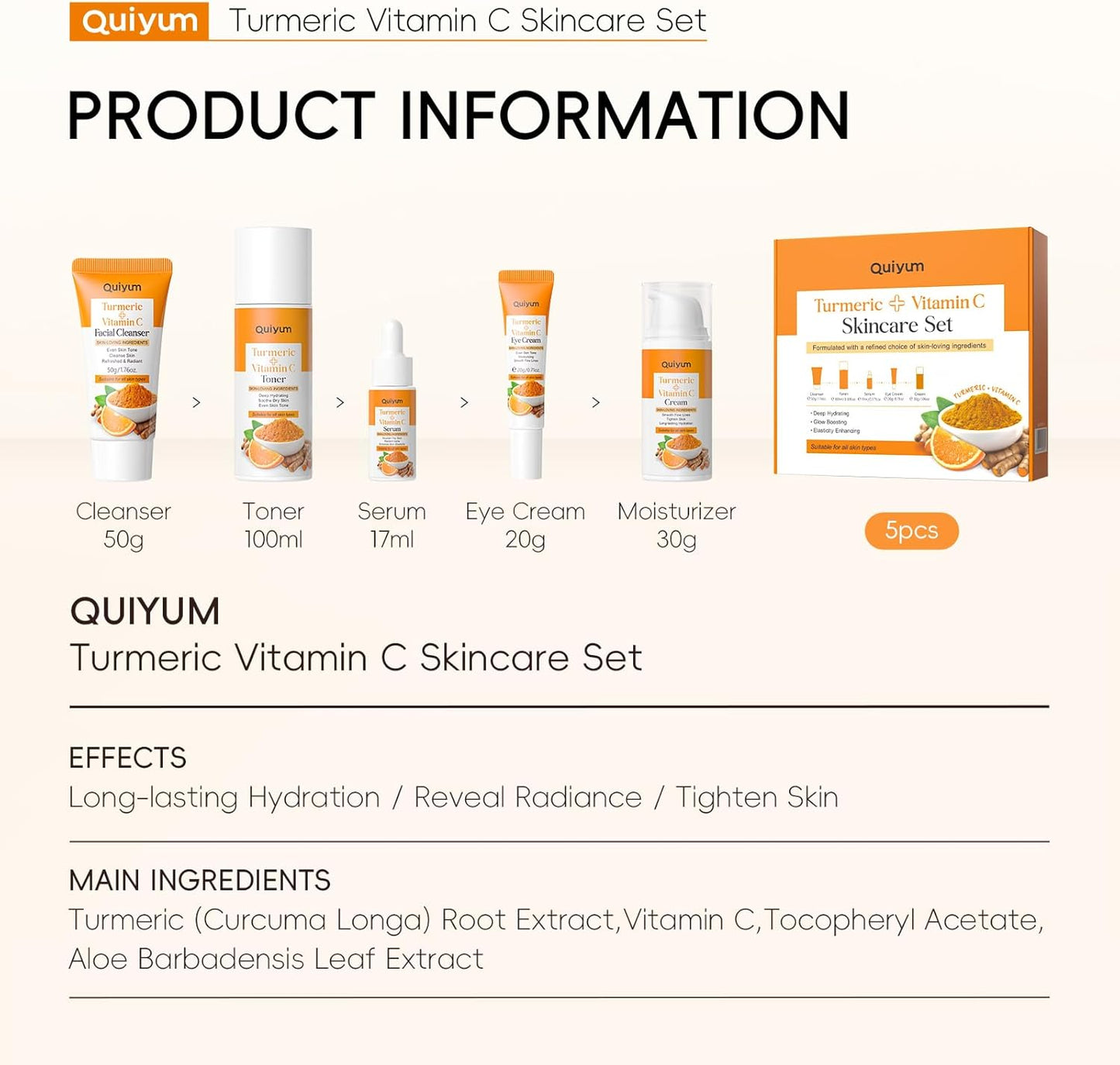 QUIYUM Set De Cuidado De La Piel Con Curcuma Vitamina C, 5 Piezas Kit Skincare Facial Mujer Completo, Con Leche Limpiadora Facial Tónico Crema Para Ojos Suero Y Crema Facial