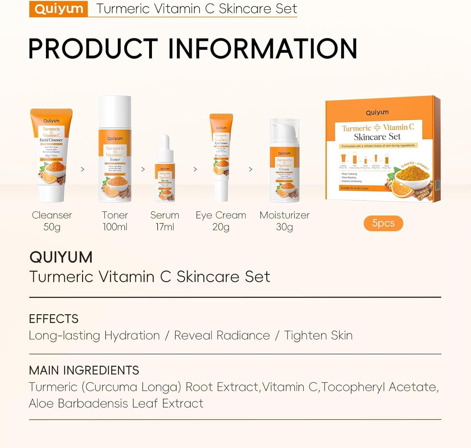 QUIYUM Set De Cuidado De La Piel Con Curcuma Vitamina C, 5 Piezas Kit Skincare Facial Mujer Completo, Con Leche Limpiadora Facial Tónico Crema Para Ojos Suero Y Crema Facial