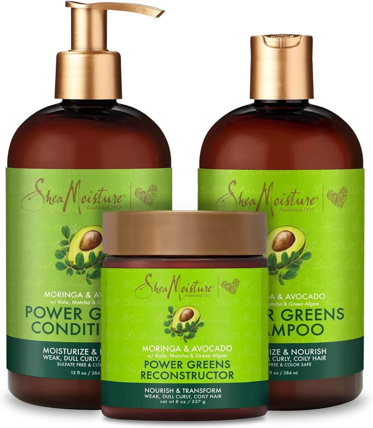 Sheamoisture Power Greens Curly Hair Moringa and Avocado Shampoo, Conditioner and Reconstructor Dry Hair Moringa Avocado to Moisturize