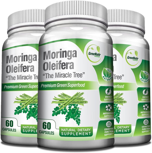 Pure Moringa Oleifera Leaf Extract Veggie Capsules 1000 Mg. Natural Herbal Supplement. Energy, Mood, Memory and Focus Support. Premium Green Superfood (3 Bottles)