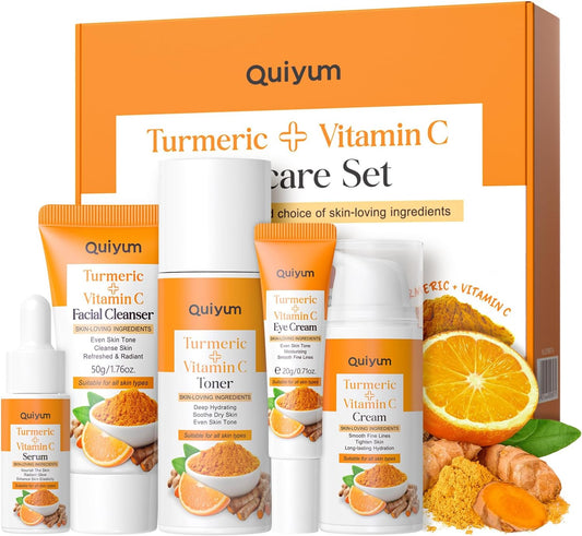 QUIYUM Set De Cuidado De La Piel Con Curcuma Vitamina C, 5 Piezas Kit Skincare Facial Mujer Completo, Con Leche Limpiadora Facial Tónico Crema Para Ojos Suero Y Crema Facial