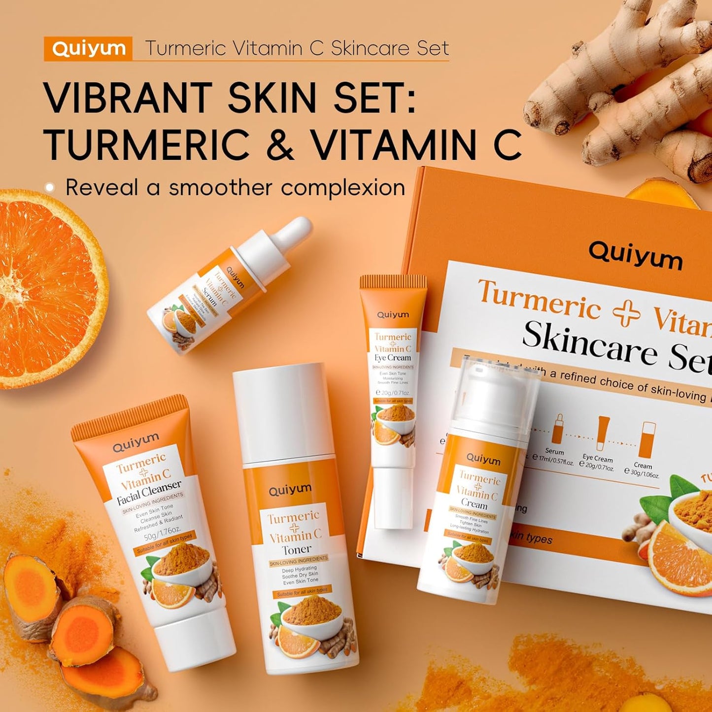 QUIYUM Set De Cuidado De La Piel Con Curcuma Vitamina C, 5 Piezas Kit Skincare Facial Mujer Completo, Con Leche Limpiadora Facial Tónico Crema Para Ojos Suero Y Crema Facial