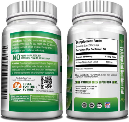 Pure Moringa Oleifera Leaf Extract Veggie Capsules 1000 Mg. Natural Herbal Supplement. Energy, Mood, Memory and Focus Support. Premium Green Superfood (3 Bottles)