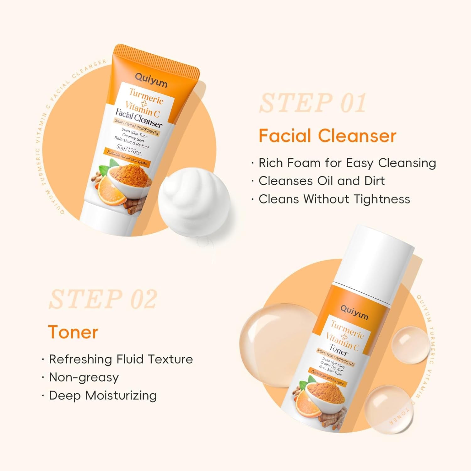 QUIYUM Set De Cuidado De La Piel Con Curcuma Vitamina C, 5 Piezas Kit Skincare Facial Mujer Completo, Con Leche Limpiadora Facial Tónico Crema Para Ojos Suero Y Crema Facial